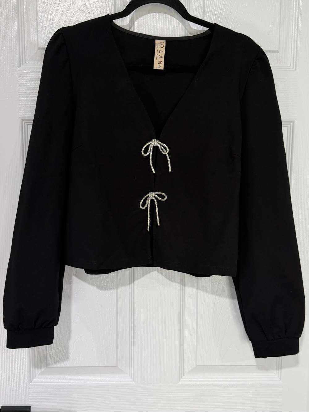 dolan Black V-Neck Crop cardigan with Metallic/Rhinestone BOW Fronts